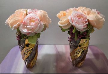 *** JUST REDUCED *** Decorative Vases with Faux Pink/Peach Rose Bouquets in Gypsophila & Polished Stone ($20 EACH) @ Lasting Creations