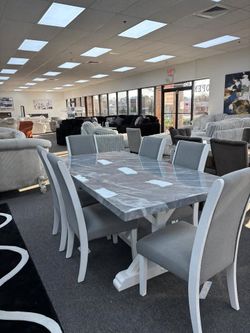 Rich look White/Grey Marble look dining set w/Crossed leg base