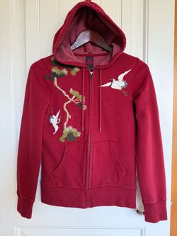 Lucky 🍀 brand cranberry Zip-Up Hoodie with Crane Embroidery