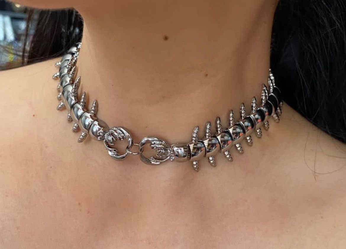 Silver large double centipede punk chunky choker necklace for women girls
