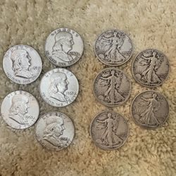 10 Silver Half Dollars Mixed Lot Walking Liberty & Franklin 90% Silver 