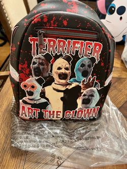 Loungefly Terrifier Art the Clown Mini Backpack – Horror Collage & Blood-Splatter Design
