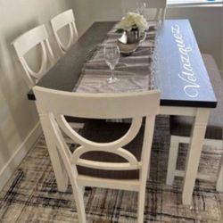 ✅️✅️(6 pc white & grey finish wood dining table set grey padded seat chairs and bench✅️