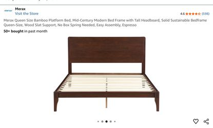 Bamboo platform bed, wood slat support. No box spring needed. Easy assembly, color is espresso, but it’s more of a chocolate brown.
