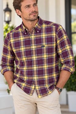 Façonnable Mens Flannel Plaid Shirt Burgundy Yellow 100% Cotton Preppy NWOT