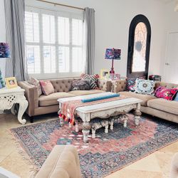 2 Sofás, 1 Chair, And 2 White Distressed End Tables