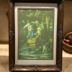 Kids in cart with dog painting