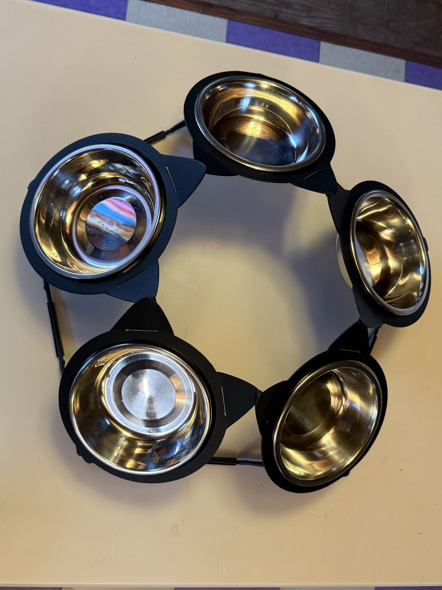 Custom Welded Powdercoated Black 5 Cat Face Ears Wet Dry Food Slanted Feeder Dish With 16 SS Dishes