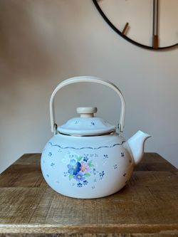 White Enamel Teapot with Floral Design