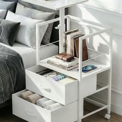 360° Swivel Nightstand with Charging Station – Adjustable Height Bedside Table with Drawers & Wheels, White (Brand New)