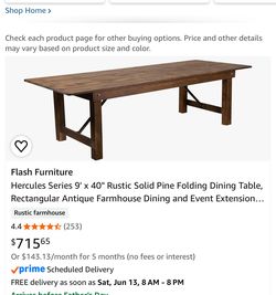 Rustic Solid Pine Folding Dining Table 9’x40”