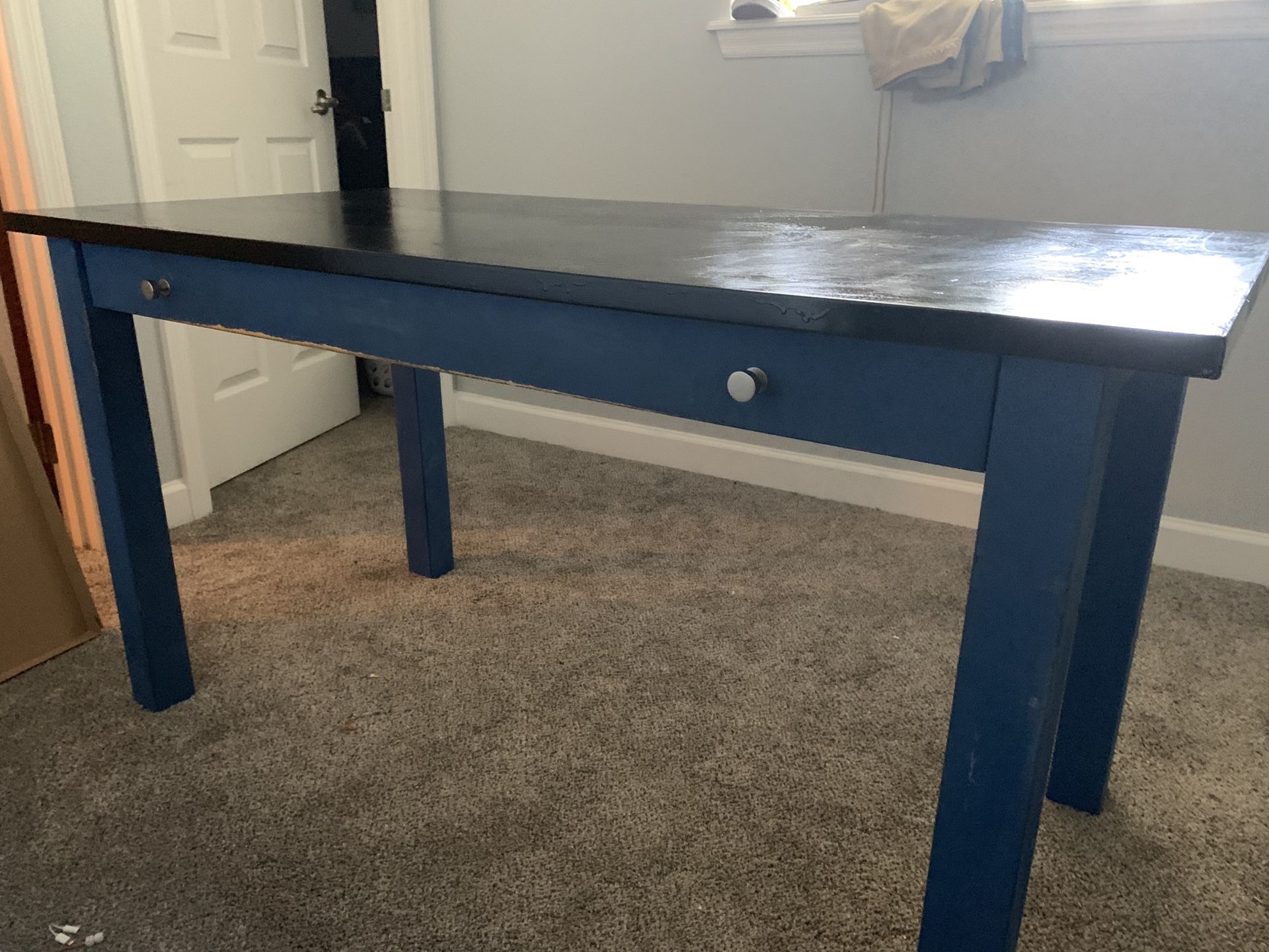 Desk - black and blue with drawer. 56”wide x 26”deep x 29” tall