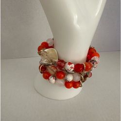 Boho beach coral orange and red with shell beaded 3 strand stretch bracelet