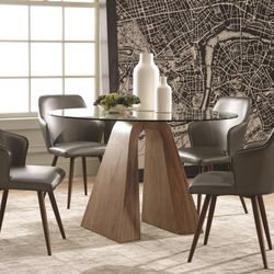 Scott Living Abbott Walnut Round Contemporary Dining Table, Glass with Walnut Composite Base