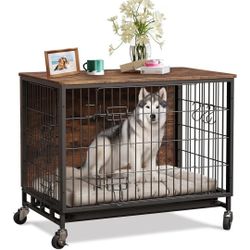 Dog Crate Furniture, 27.2"L x 20.1"W x 23.6"H，Indoor Pet Crate with Double Doors, Removable Tray and 360° Wheels, Wooden Countertop Dog Kennel