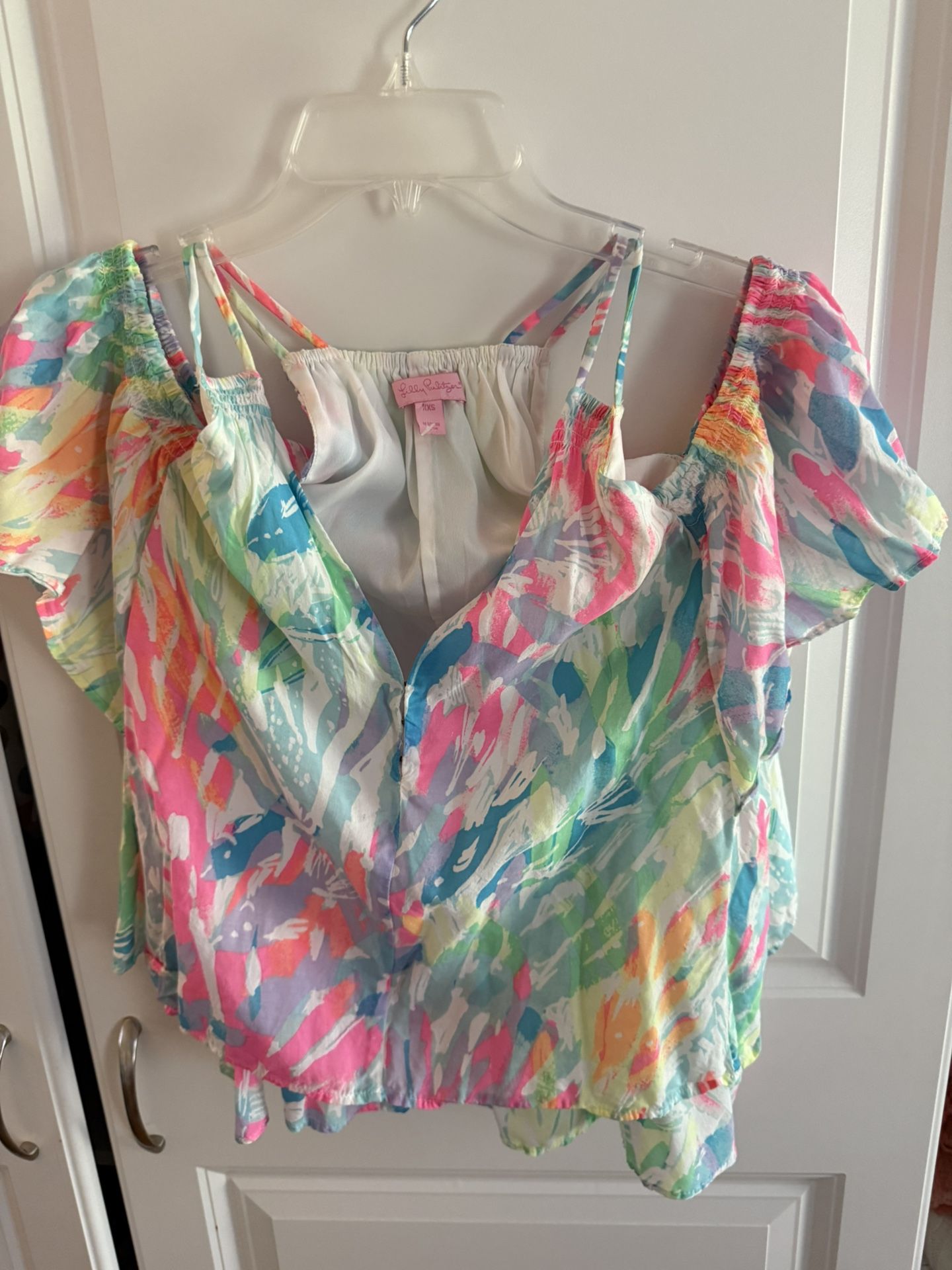 Lilly Pulitzer pink and white colorful tie-dye blouse with ruffles cold shoulder
