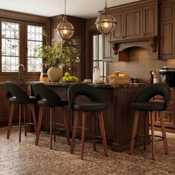 Set of 4 26'' Swivel Counter Bar Stools, Faux Leather Chairs with Cutout Back, Wood Legs