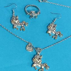 Unicorn Jewelry, 22” Necklace, Ring Size 10, Dangle Wire Earrings