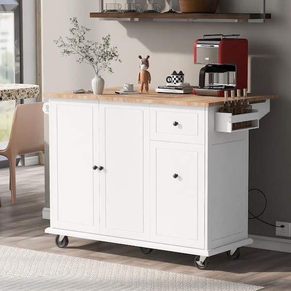 White Wood 54 in. Kitchen Island Cart on Wheels with Drop Leaf Pull Out Cabinet Organizer with Spice Rack, Towel Rack