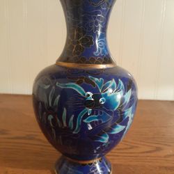 Antique Double Dragon Royal Blue Cloisonne Vase 8" Tall 