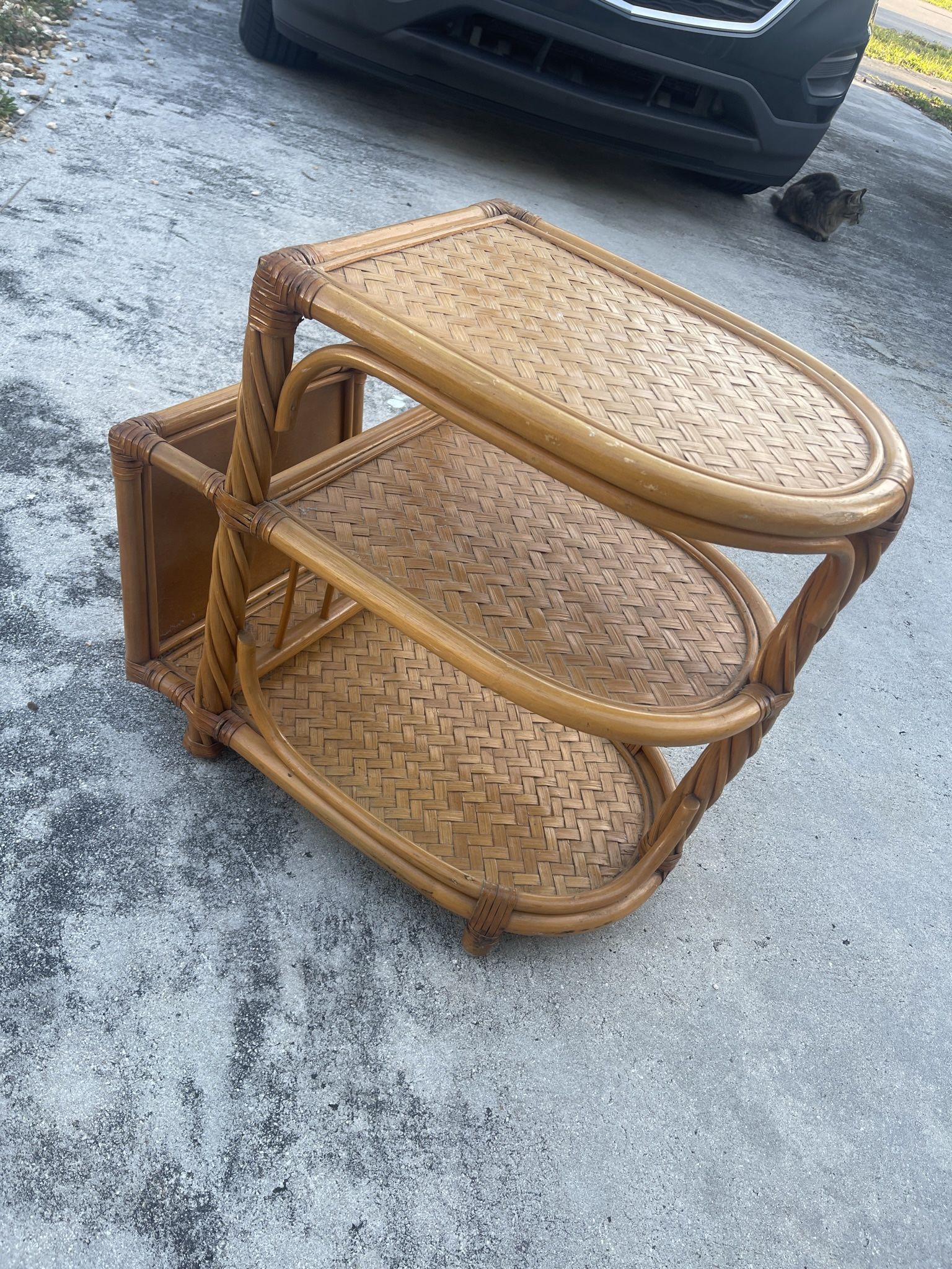 Vintage Ratan Side Table With Magazine Holder
