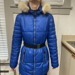 Marc Jacobs Blue Puffer Parka With Faux Fur Hood