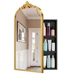 24"x16" Gold Vintage Bathroom Medicine Cabinet with Mirror, Wall Mounted Recessed/Surface Mount Storage Cabinet, Black Metal Frame, Easy Installation 