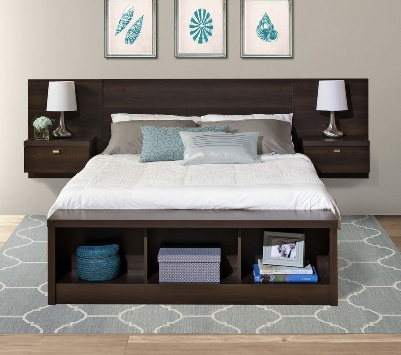 Prepac Series 9 Floating Headboard with Nightstands Queen Bedframe