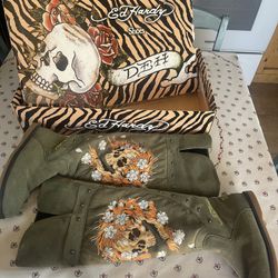 Don Ed Hardy C. Audigier Knee High Boots Size 8 Fur Lined Skull Tattoo Art RARE.  Everett/Pinehurst pick up area. Cash only. Sorry I do not ship. 