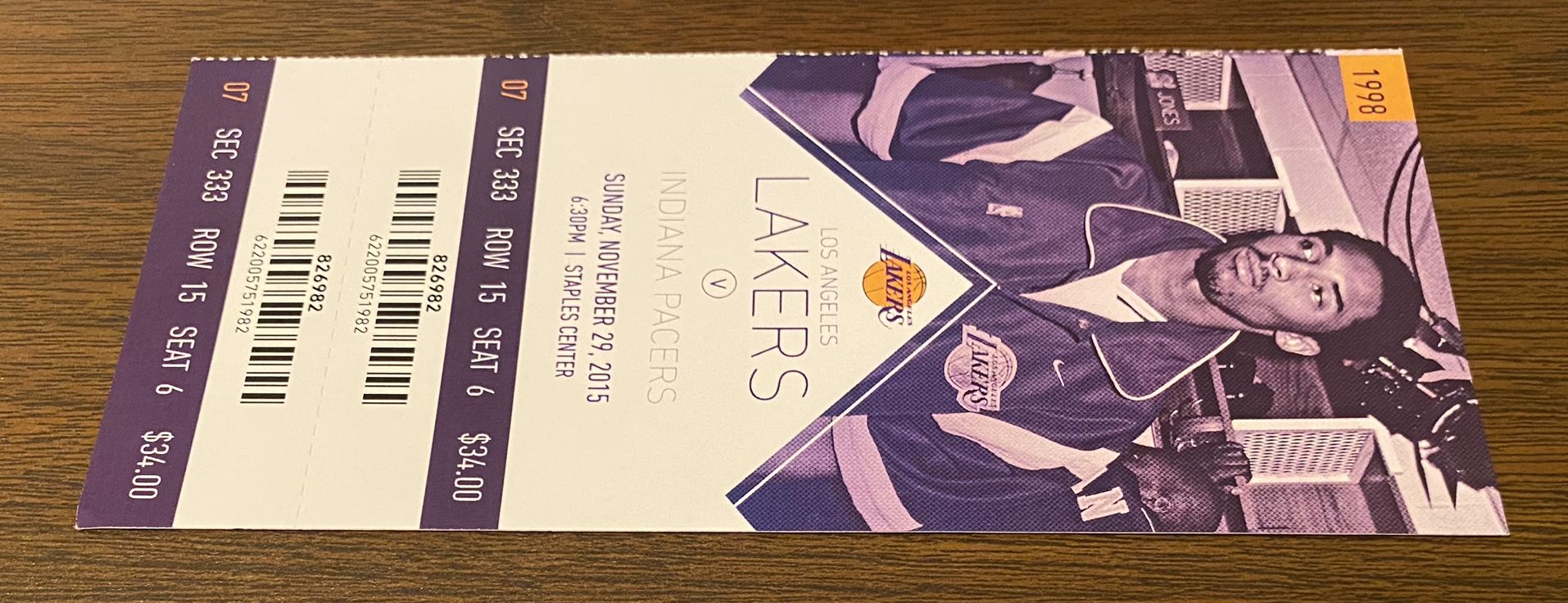 KOBE BRYANT ANNOUNCES RETIREMENT 2015 NBA AUTHENTIC FULL GAME TICKET 11/29/2015 LOS ANGELES LAKERS vs INDIANA PACERS “BLACK MAMBA”