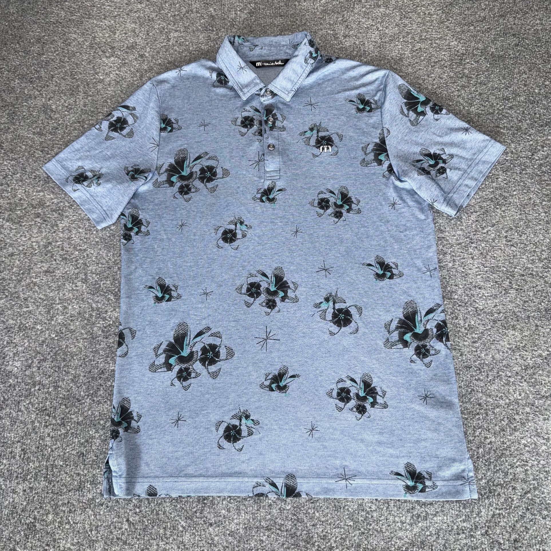 Travis Mathew Polo Shirt Mens Medium Blue Floral Golf Stretch Casual Athletic