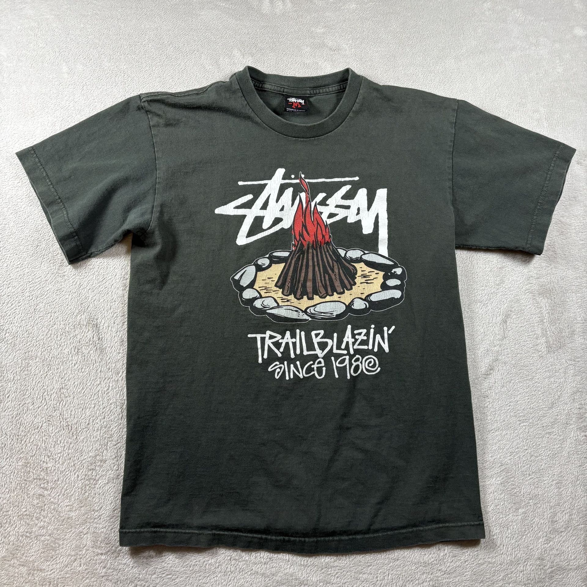 Vintage Stussy Trail Blazin Logo Graphic T-shirt Men M Green Y2K #1713