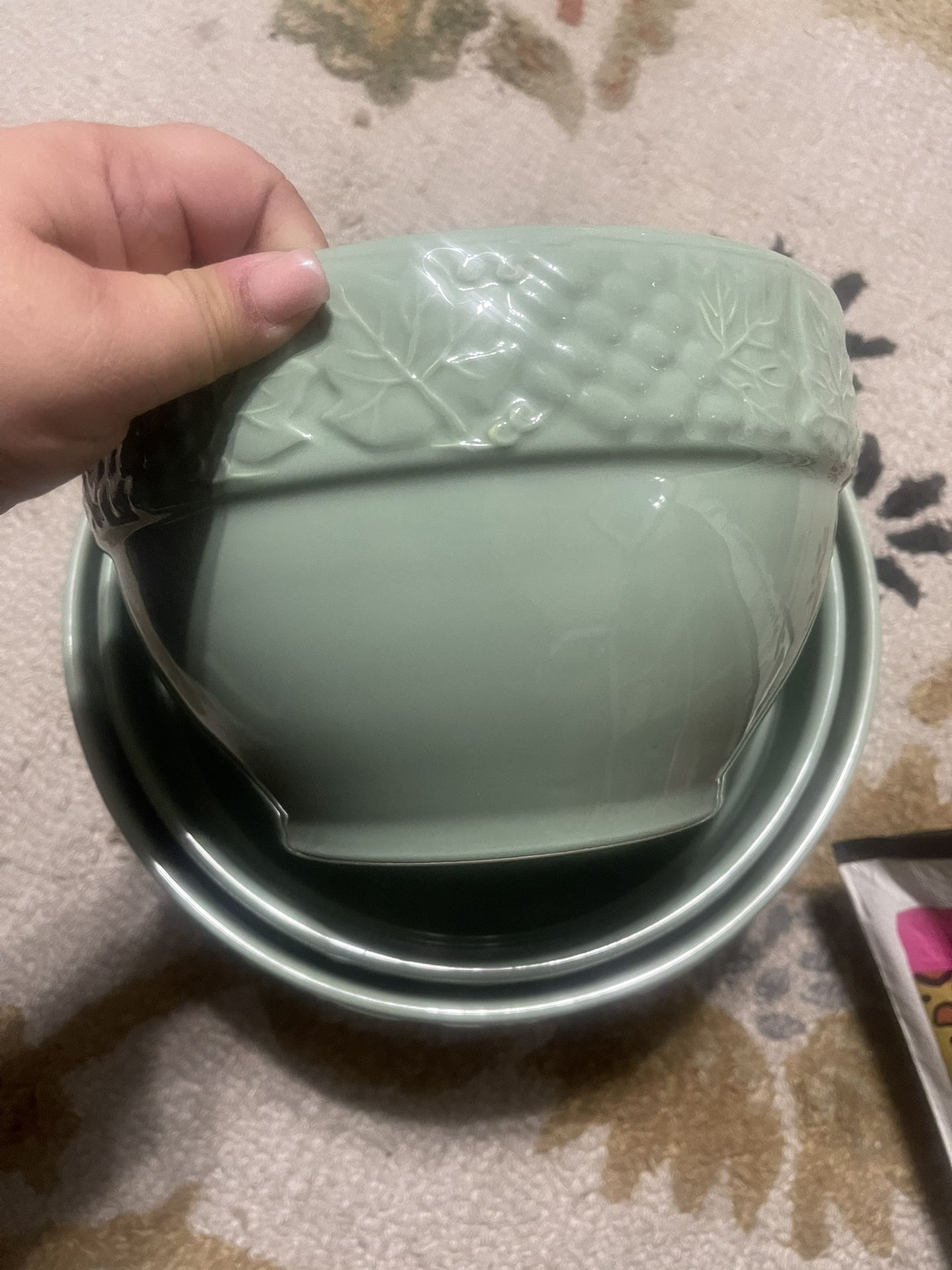 Nesting Mixing Bowl Set of 3- Mint Blue, Embossed Grape Vines, Made in Portugal