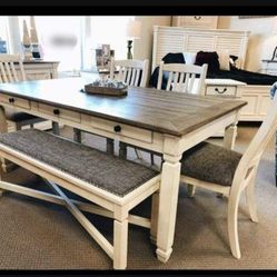 Whitewashed Antique Farmhouse Style Rectangular Dining Table And Chairs And Bench 🥂 Kitchen~Dining Room Set 💥 Showroom Available 👍