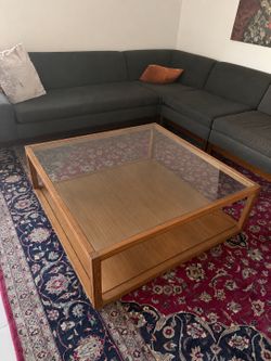 West Elm wood and glass coffee table
