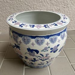 Large Chinese Ceramic Fish Bowl Planter Floral Design Pot 12”