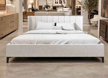 White fabric king bed frame