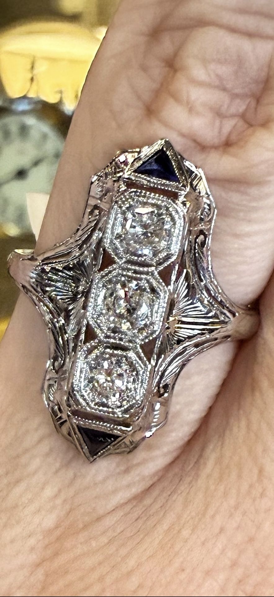 18K Gold Art Deco Ring With Sapphires And Natural Diamonds