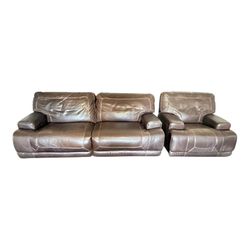 Brown Leather Power Reclining Sofa and Chair Set 3-Piece Electric Living Room