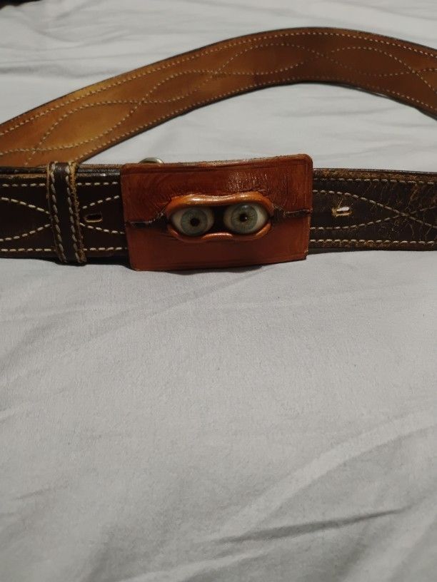 Vintage Leather Artisan Belt Buckle ; 2 Blue Eyes , Leather Made To Look Like Skin