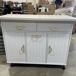 Assembled New 44” Mobile Kitchen Island with Trash Can Storage Cabinet