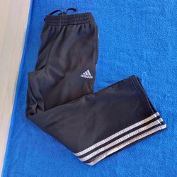 Adidas Track Pants Boys medium (10/12) Black White Striped Pocket Drawstring Pull On