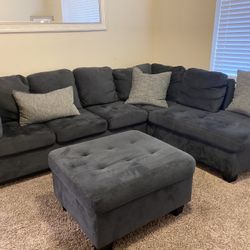 Sectional & Ottoman With Farmhouse Coffee Table