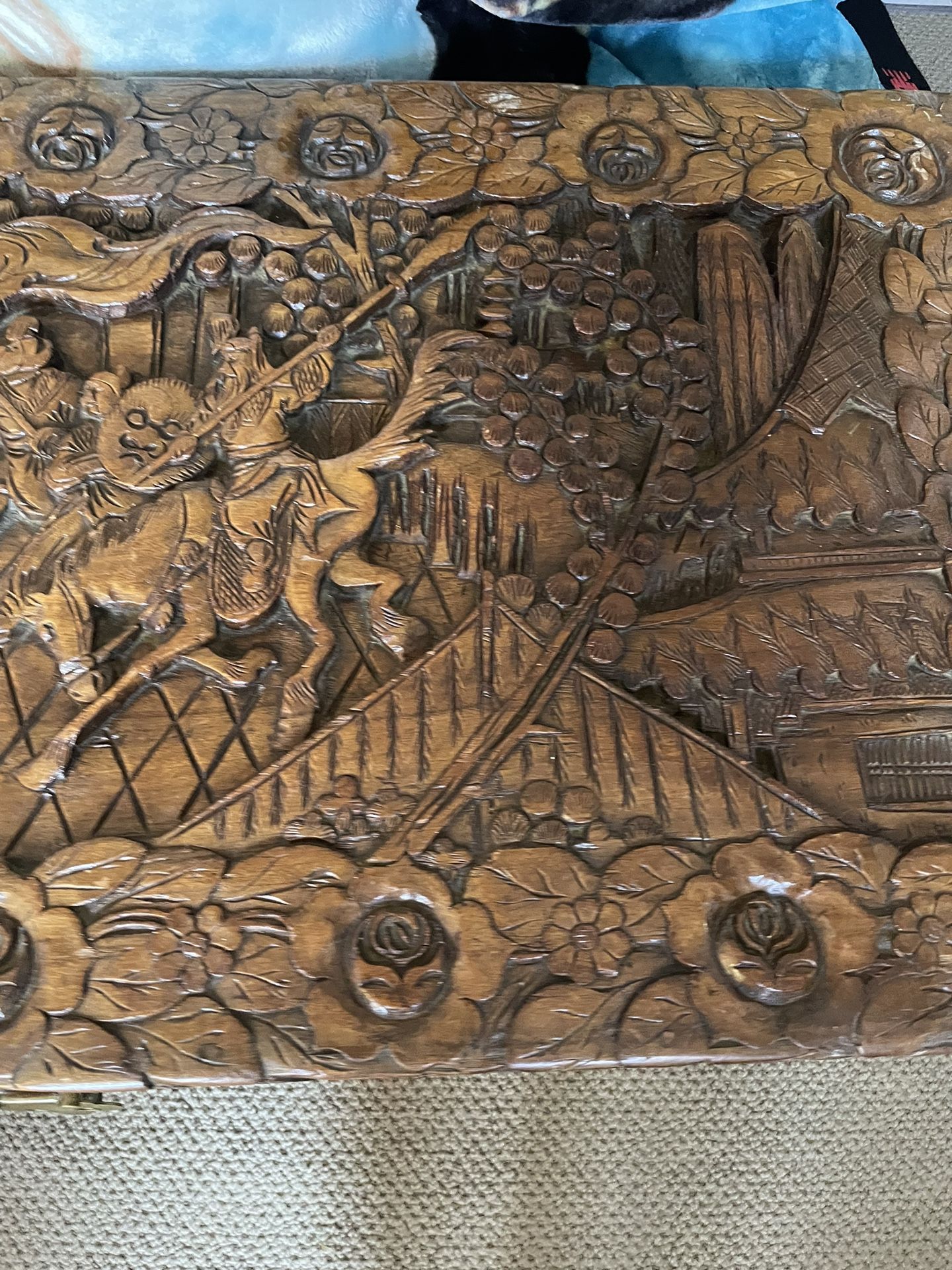 Vintage Chinese Carved Camphor Wood Hope Chest with Glass Cover 40x20x20