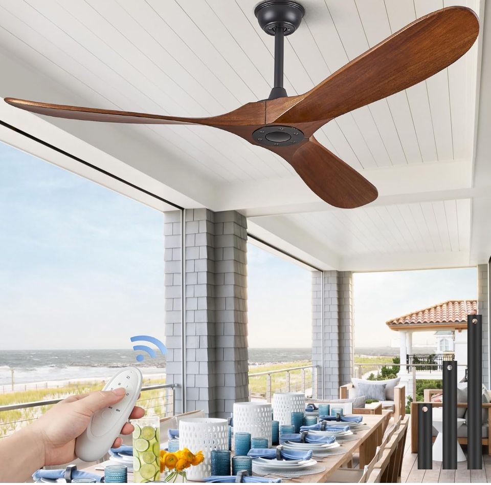 BRAND NEW ABZ 60" Ceiling Fans without Lights, 60 Inch Outdoor Ceiling Fans no Light, 3 Blade Solid Wood Ceiling Fan with Remote Control for Patios Li