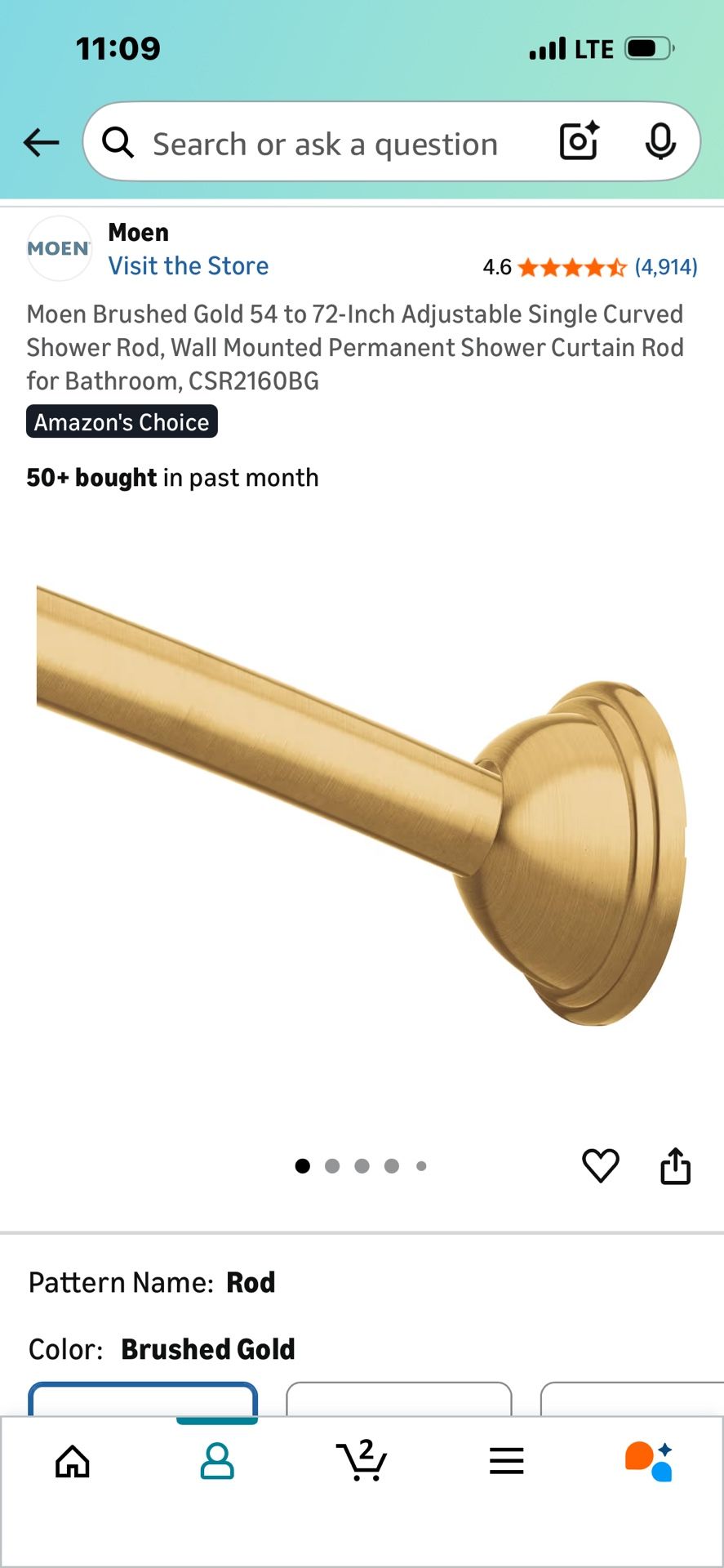 Moen Brushed Gold 54 to 72-Inch Adjustable Single Curved Shower Rod