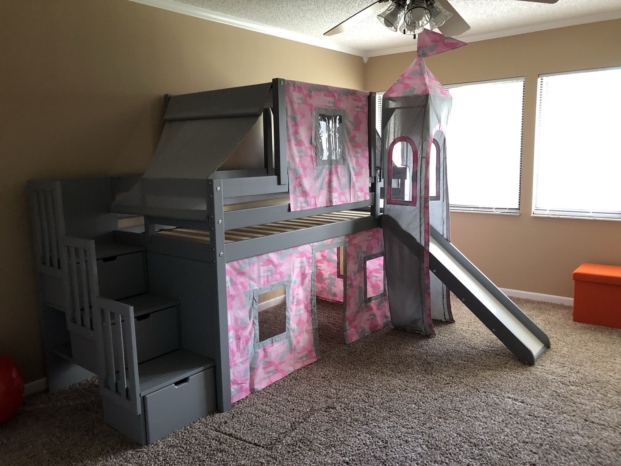 Twin Low Loft Bed with Stairs, Slide, Top Tent, Underbed Curtain and Slide Tower