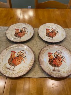 Rooster ceramic 8.5 inch set of 4 plates. Dessert / salad. Farmhouse/ cottage/ kitchen/ dining.
