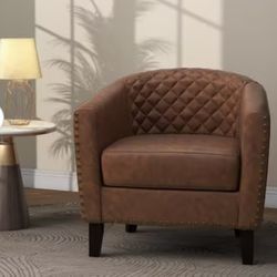 UIXE Faux Leather Accent Chair, Barrel Club Chair Upholstered Armchair for Living Room, Comfy Modern Arm Chair Bedroom Reading Seat - Brown
