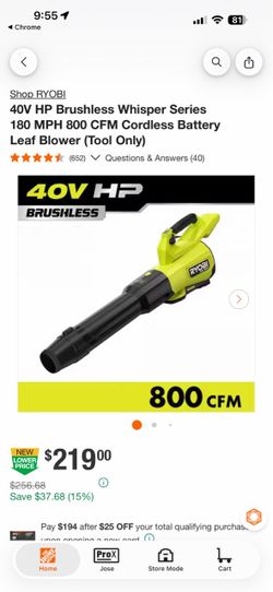 ryobi 800 cfm new blower tool only